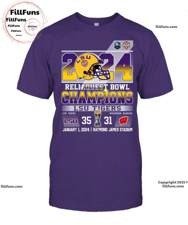 2024 Reliaquest Bowl Champions LSU Tigers 35 – 31 Wisconsin Badgers January 1, 2024 Raymond James Stadium Unisex T-Shirt