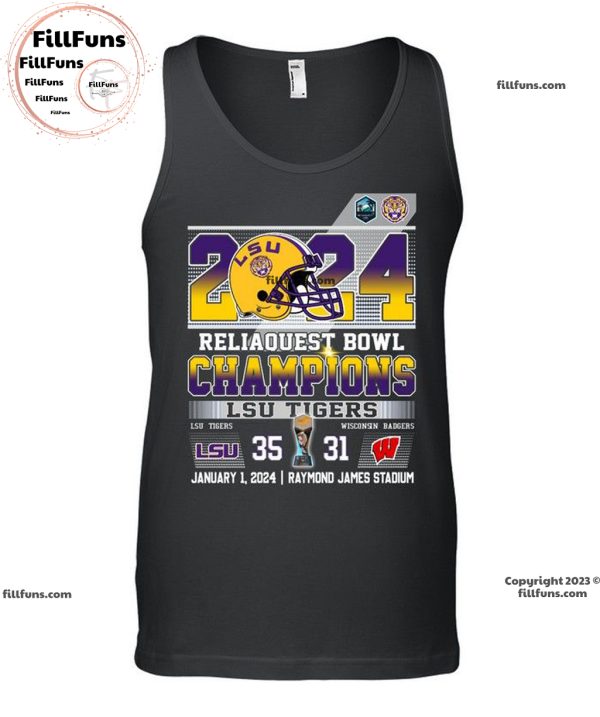 2024 Reliaquest Bowl Champions LSU Tigers 35 – 31 Wisconsin Badgers January 1, 2024 Raymond James Stadium Unisex T-Shirt