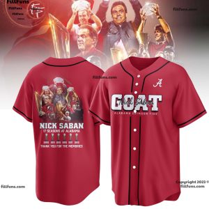 Alabama Crimson Tide Goat Nick Saban Coach 17 Seasons At Alabama Thank You For The Memories Baseball Jersey