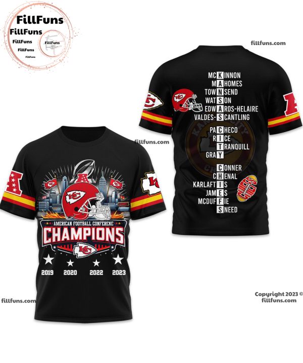 American Football Conference Champions Kansas City Chiefs 4 Times 2019 – 2020 – 2022 – 2023 Black 3D T-Shirt