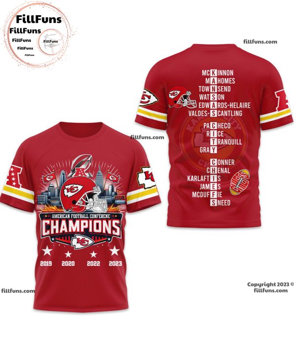 American Football Conference Champions Kansas City Chiefs 4 Times 2019 – 2020 – 2022 – 2023 Red 3D T-Shirt