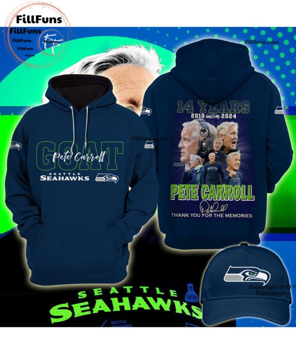 GOAT Seattle Seahawks Pete Carroll 14 Years 2010 – 2024 Thank You For The Memories Hoodie, Jogger, Cap