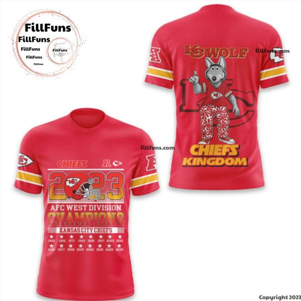 Kansas City Chiefs 2023 AFC West Division Champions KC Wolf Chiefs Kingdom 3D T-Shirt
