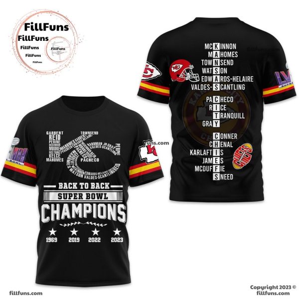 Back To Back Super Bowl Champions 1969 2019 2022 2023 Kansas City Chiefs Black 3D T-Shirt