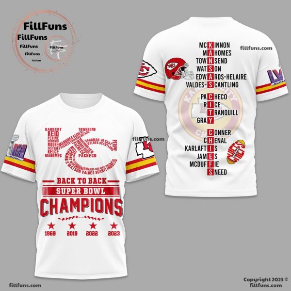 Back To Back Super Bowl Champions 1969 2019 2022 2023 Kansas City Chiefs White 3D T-Shirt