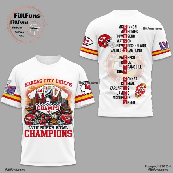 Kansas City Chiefs LVIII Super Bowl Champions White 3D T-Shirt