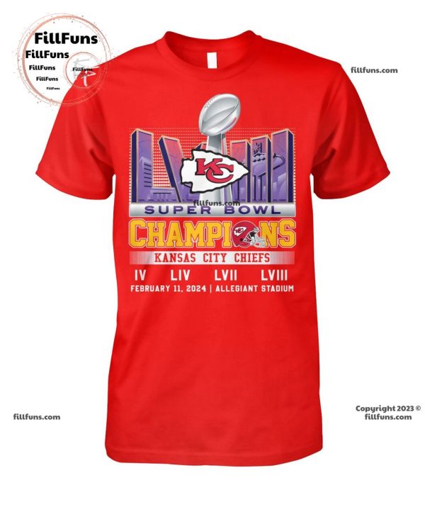 Super Bowl Champions Kansas City Chiefs IV LIV LVII LVIII February 11, 2024 Allegiant Stadium T-Shirt