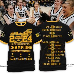2024 Big Ten Women’s Basketball Champions Iowa Hawkeyes Back To Back To Back Black T-Shirt
