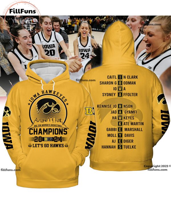 Iowa Hawkeyes Big Ten Women’s Basketball Champions 2024 Let’s Go Hawks Yellow T-Shirt