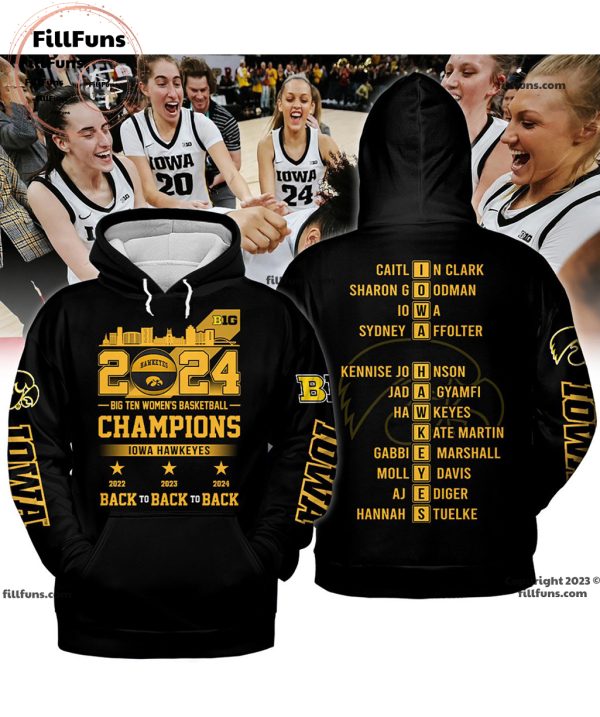 2024 Big Ten Women’s Basketball Champions Iowa Hawkeyes Back To Back To Back Black T-Shirt