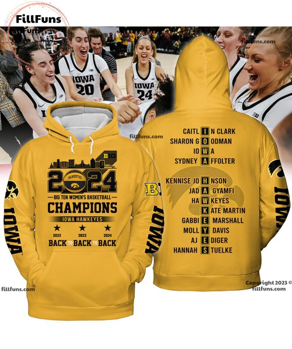 2024 Big Ten Women’s Basketball Champions Iowa Hawkeyes Back To Back To Back Yellow T-Shirt