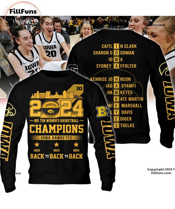 2024 Big Ten Women’s Basketball Champions Iowa Hawkeyes Back To Back To Back Black T-Shirt