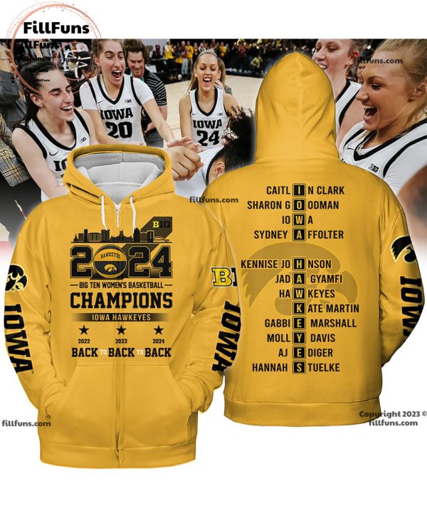 2024 Big Ten Women’s Basketball Champions Iowa Hawkeyes Back To Back To Back Yellow T-Shirt