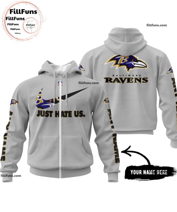 Custom Name NFL Baltimore Ravens Just Hate Us Grey Hoodie