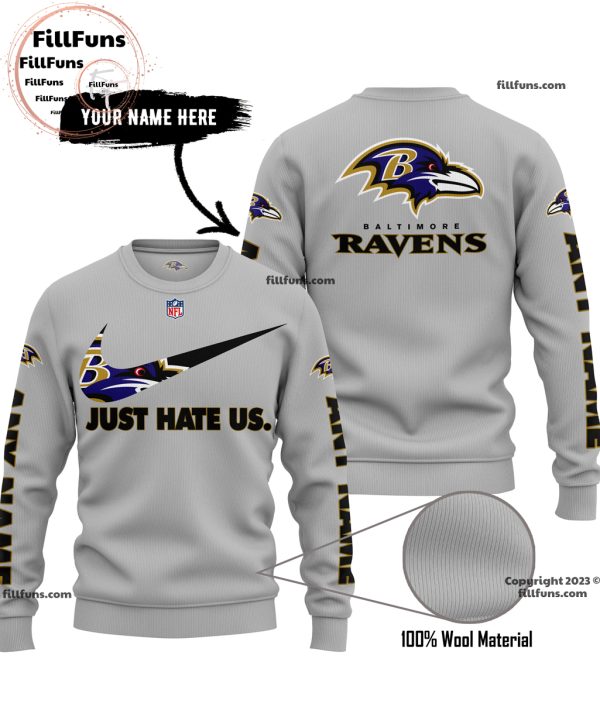 Custom Name NFL Baltimore Ravens Just Hate Us Grey Hoodie