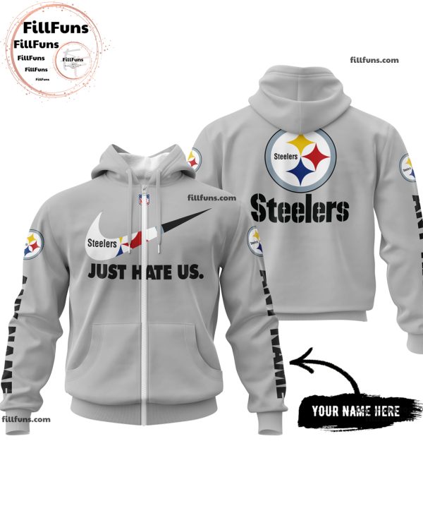 Custom Name NFL Pittsburgh Steelers Just Hate Us Grey Hoodie