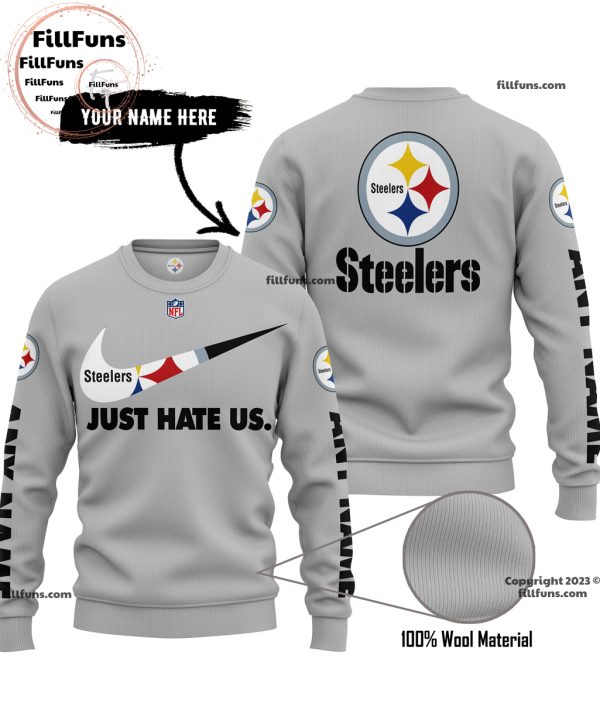 Custom Name NFL Pittsburgh Steelers Just Hate Us Grey Hoodie