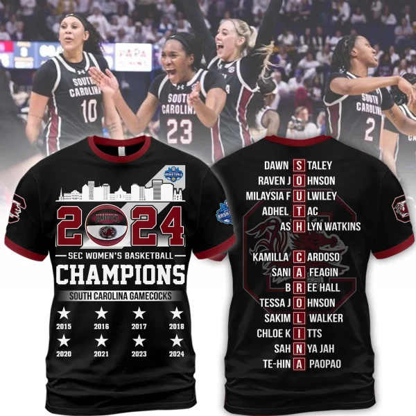 2024 Sec Women’s Basketball Champions South Carolina Gamecocks 3D T-Shirt – Black