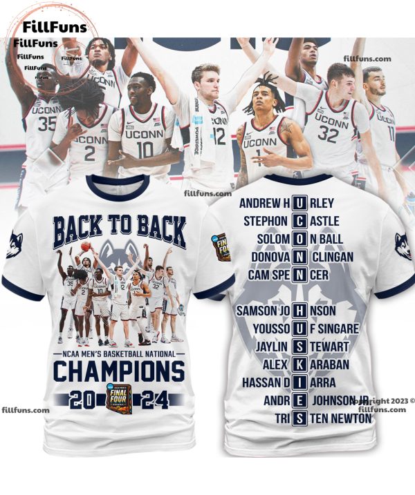 Back To Back UConn Huskies NCAA Men’s Basketball National Champions 2024 3D T-Shirt – White