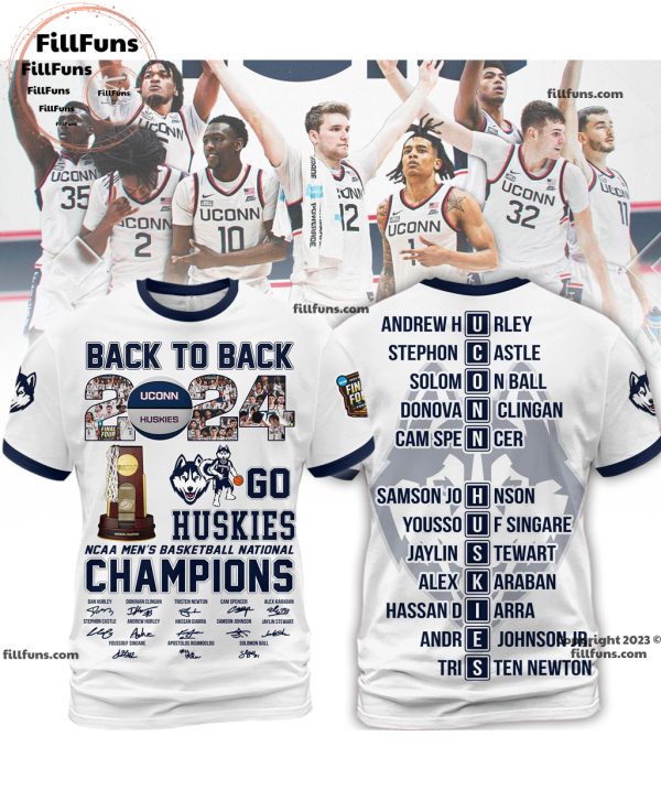 Back To Back 2024 UConn Huskies Go Huskies NCAA Men’s Basketball National Champions 3D T-Shirt – White