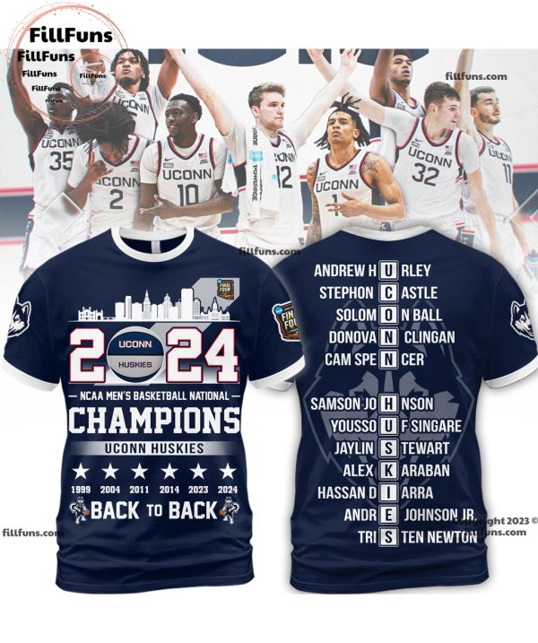 2024 UConn Huskies NCAA Men’s Basketball National Champions Back To Back 3D T-Shirt – Navy
