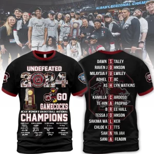 Undefeated 2024 South Carolina Gamecocks NCAA Women’s Basketball National Champions 3D T-Shirt – Black