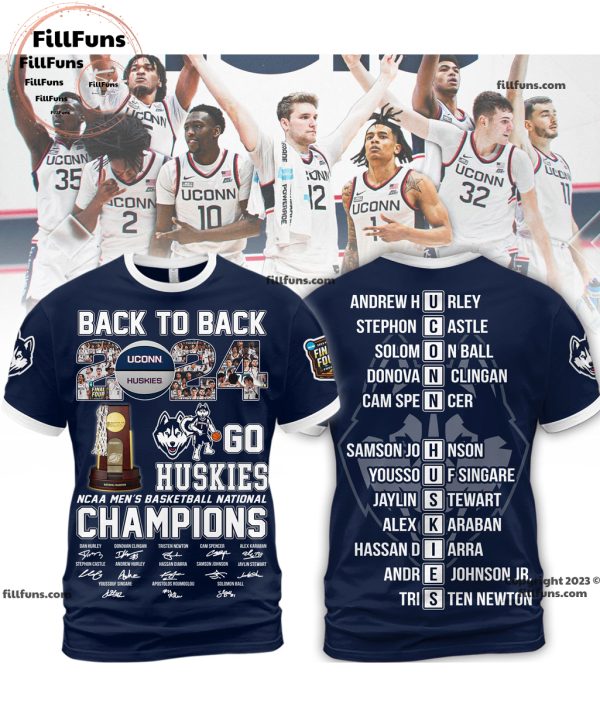 Back To Back 2024 UConn Huskies NCAA Men’s Basketball National Champions 3D T-Shirt – Navy