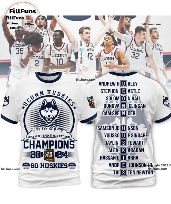 UConn Huskies NCAA Men’s Basketball National Champions 2024 Go Huskies 3D T-Shirt – White