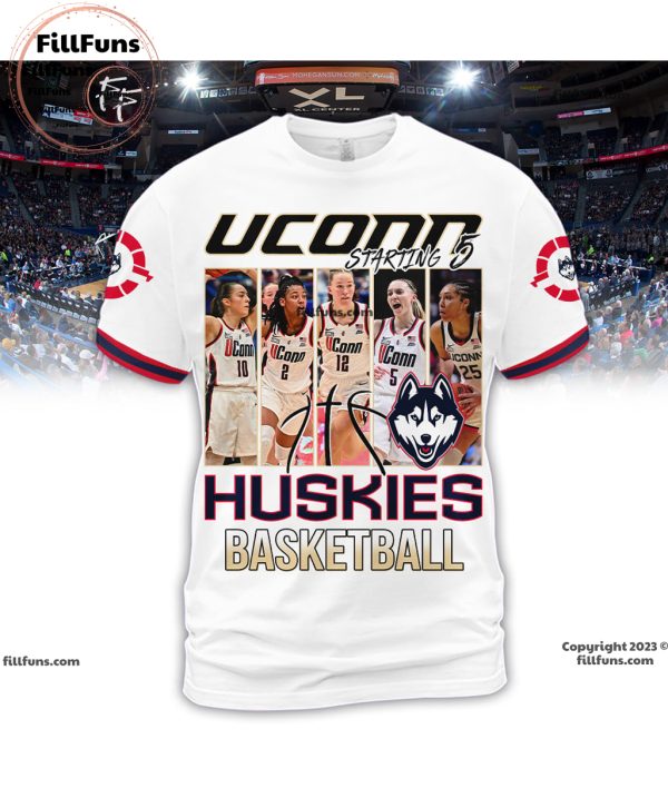 UConn Huskies Basketball Starting 5 3D T-Shirt – White