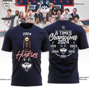 NCAA Men’s Basketball 6 Times Champions 2024 UConn Huskies 3D T-Shirt