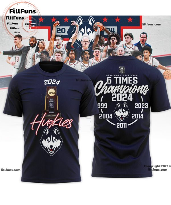 NCAA Men’s Basketball 6 Times Champions 2024 UConn Huskies 3D T-Shirt