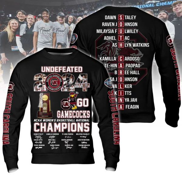 Undefeated 2024 South Carolina Gamecocks NCAA Women’s Basketball National Champions 3D T-Shirt – Black