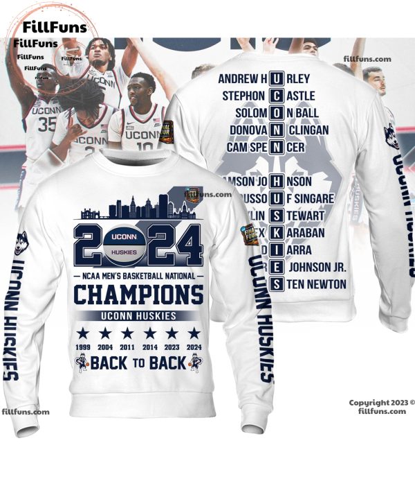 2024 UConn Huskies NCAA Men’s Basketball National Champions Back To Back 3D T-Shirt – White