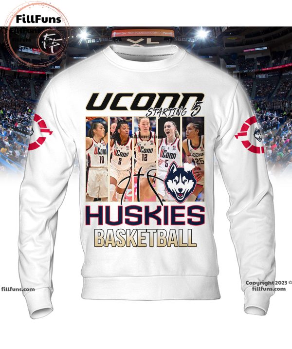 UConn Huskies Basketball Starting 5 3D T-Shirt – White