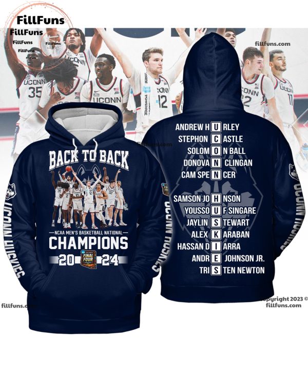 Back To Back NCAA Men’s Basketball National Champions 2024 UConn Huskies 3D T-Shirt – Navy