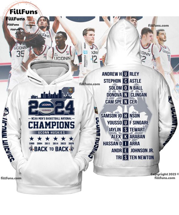 2024 UConn Huskies NCAA Men’s Basketball National Champions Back To Back 3D T-Shirt – White